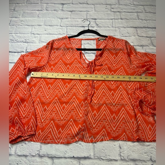 Eyeshadow Orange and White Geometric  Print Sheer Blouse. Whimsigoth. Chevron. - Picture 5 of 7